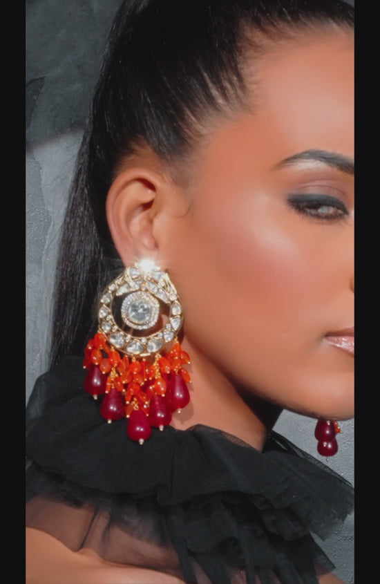 Load and play video in Gallery viewer, Polki And Red Stone Drop Earrings
