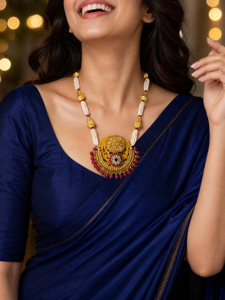 Gold Plated Medallion & Pearl Long Necklace Set