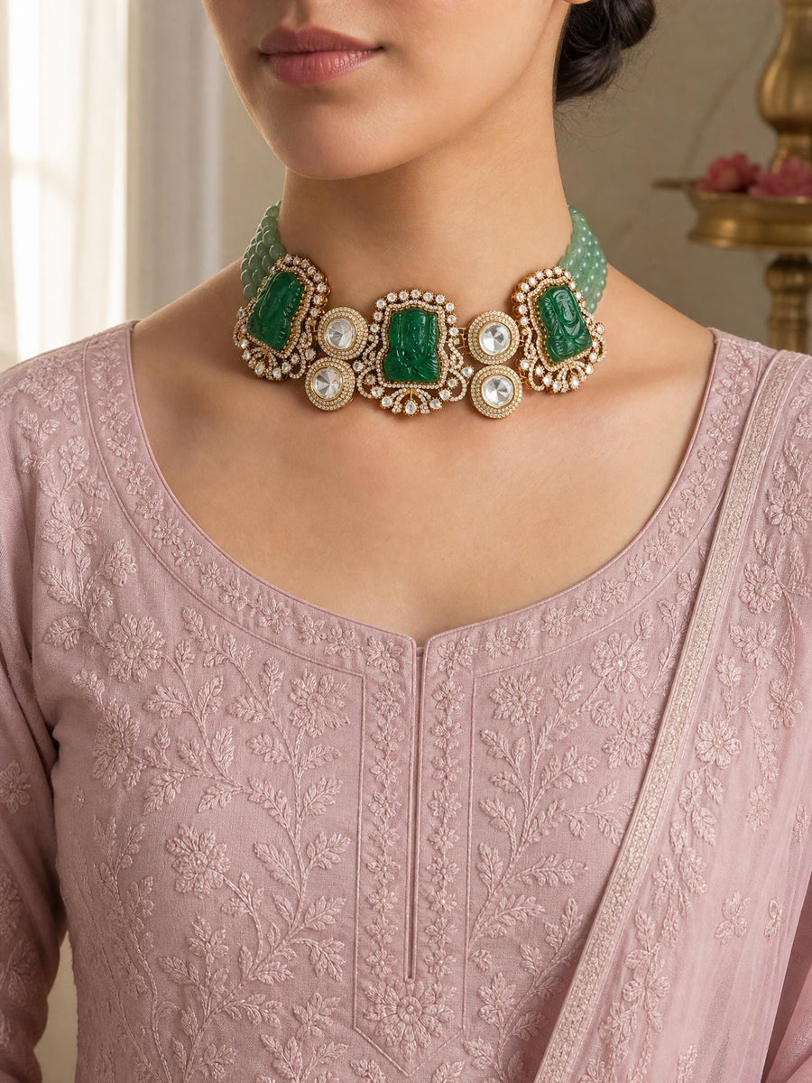 Mint Green Bead & Carved Green Stone Necklace Set