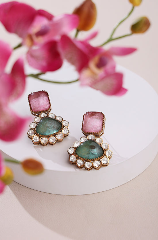 Load image into Gallery viewer, Classic Green And Pink Polki Earrings - Joules by Radhika
