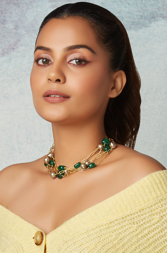 Green Onyx Multi Layered Necklace With Golden Pearls - Joules by Radhika